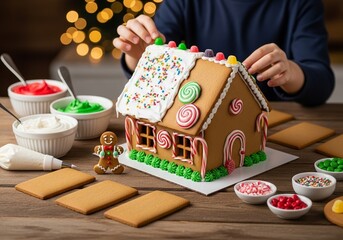Gingerbread Cookie House in Progress, Decorated with Colorful Icing and Sprinkles, Showcasing a Delightful Festive Atmosphere and Creative Baking Process, Blurred Holiday Background