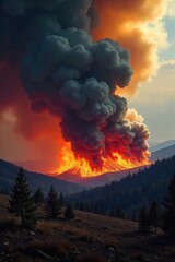Wildfire Inferno Devastating Forest Fire Rages, Sending Smoke Plumes into the Sky, Illuminating a Charred Landscape, Highlighting Natures Fury and the Urgent Fire Hazard.