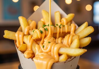 Golden fries drizzled with creamy cheese sauce for a perfect snack moment