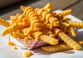 Golden fries drizzled with creamy cheese sauce for a perfect snack moment