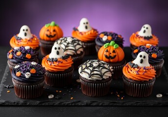Halloween Cupcakes with Halloween Sprinkles on Black Surface, Spooky Treats for the Season, Festive Dessert Concept, Blurred Purple Halloween Background