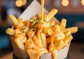Golden fries drizzled with creamy cheese sauce for a perfect snack moment