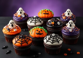 Halloween Cupcakes with Halloween Sprinkles on Black Surface, Spooky Treats for the Season, Festive Dessert Concept, Blurred Purple Halloween Background