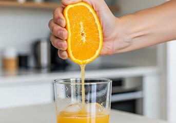 Hand Squeezing Ripe Orange, Pouring Fresh Juice into a Glass, Healthy Drink and Refreshment Concept, Blurred Kitchen Background