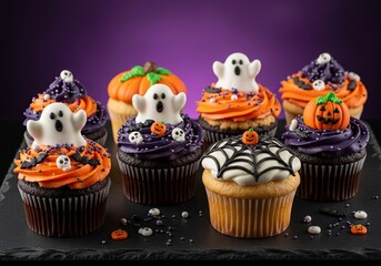 Halloween Cupcakes with Halloween Sprinkles on Black Surface, Spooky Treats for the Season, Festive Dessert Concept, Blurred Purple Halloween Background