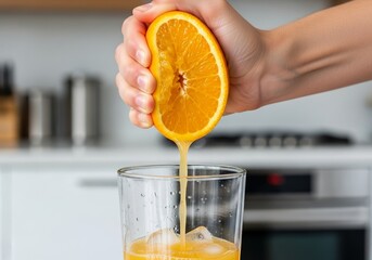 Hand Squeezing Ripe Orange, Pouring Fresh Juice into a Glass, Healthy Drink and Refreshment Concept, Blurred Kitchen Background