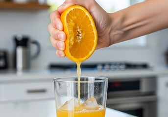 Hand Squeezing Ripe Orange, Pouring Fresh Juice into a Glass, Healthy Drink and Refreshment Concept, Blurred Kitchen Background