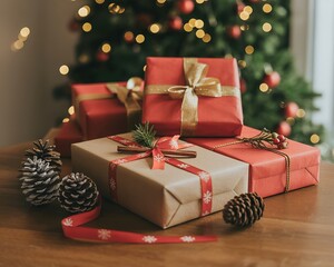 Beautifully wrapped Christmas presents with red and gold ribbons, pinecones, and holiday decorations under a festive tree. Warm and joyful holiday vibes.