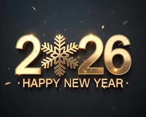 Luxurious golden 2026 Happy New Year greeting with snowflake design on dark background. Stylish and modern festive concept.