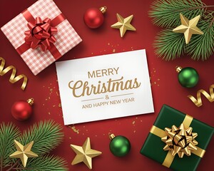 A festive Merry Christmas and Happy New Year greeting card featuring wrapped gifts, golden stars, red and green ornaments on a red background.