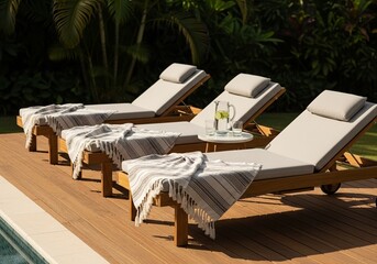 Serene Outdoor Oasis Featuring a Poolside Deck Adorned with Three Wooden Sun Loungers Draped in Soft, Neutral-Hued Linens and Striped Tassel Blankets, Relaxation and Leisure Concept, Blurred Tropical 