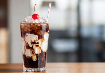 Tall Glass of Dirty Soda with Swirls of Cream Blending into a Dark Cola Base, Topped with Crushed Ice and a Maraschino Cherry, Served with a Striped Straw, Refreshing Drink Concept