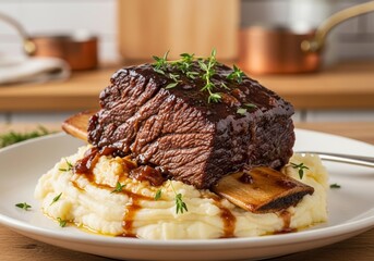 Tender Beef Short Ribs Served Over Creamy Mashed Potatoes, Garnished with Fresh Thyme, Warm and Inviting Culinary Experience for Food Enthusiasts and Home Cooks, Blurred Kitchen Background