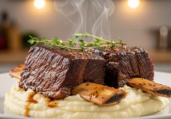 Tender Beef Short Ribs Served Over Creamy Mashed Potatoes, Garnished with Fresh Thyme, Warm and Inviting Culinary Experience for Food Enthusiasts and Home Cooks, Blurred Kitchen Background
