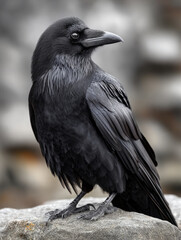 A raven perched on a rock with a blurred background.
