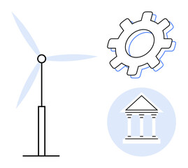 Wind turbine, gear icon, and government building highlight synergy between clean energy, industry, and policy. Ideal for sustainability, innovation, teamwork, economy infrastructure policy