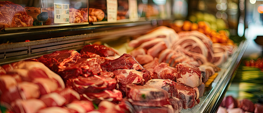 Various cuts of raw red meat arranged in a refrigerated display case at a butcher counter inside a grocery or meat shop. - Powered by Adobe