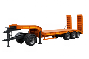 Orange lowboy semi-trailer ready for transporting heavy equipment, featuring a flatbed design and rear ramps