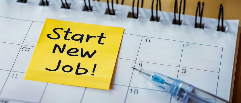 Yellow sticky note with Start New Job message pinned in front of a calendar, highlighting an important career milestone or reminder.