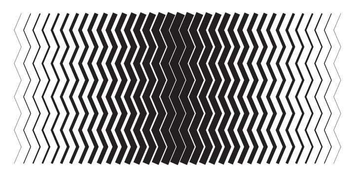 Zigzag stripe pattern with gradient thickness. Black and white chevron lines with optical illusion. Modern abstract geometric background. Digital vector illustration.