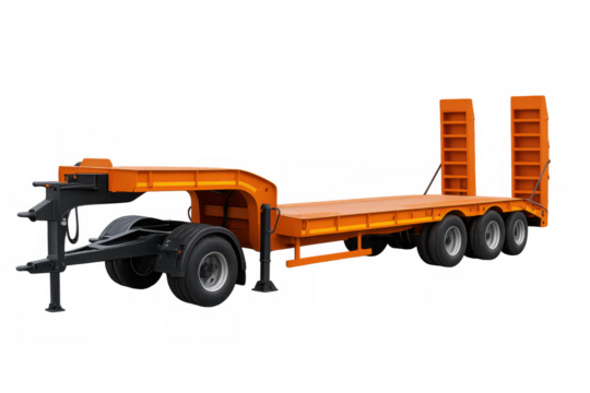 Orange lowboy semi-trailer ready for transporting heavy equipment, featuring a flatbed design and rear ramps