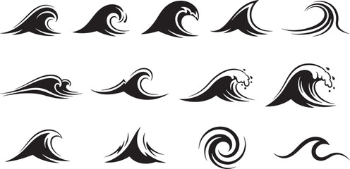 Fototapeta premium Ocean wave icons set, surfing waves, water splash, sea swell, ripple, surf crest, abstract wave shapes vector.