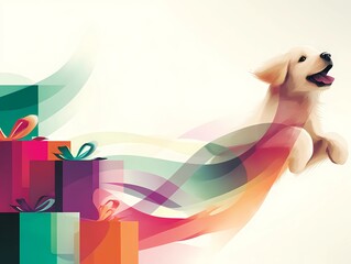 Golden retriever puppy jumping into pile of Christmas presents, ribbons flying, joyful , illustrated drawing