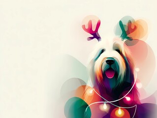 old english sheepdog dog with reindeer antlers and christmas lights wrapped around body happy expression illustration