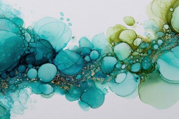 Abstract fluid art with teal and gold circles