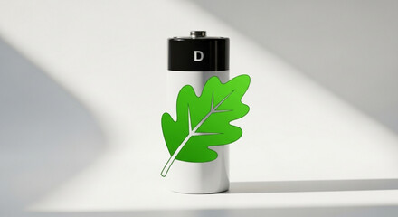 A d battery with a green leaf attached to it, symbolizing ecofriendly energy and sustainability