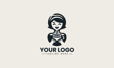 Cheerful black vector logo illustration of a happy cartoon girl holding a steaming cup of coffee creating a friendly cafe symbol