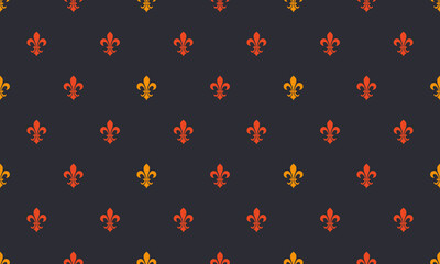 Elegant repeating pattern of fleurdelis in warm autumnal hues on a dark background.  Perfect for website backgrounds, textiles, or any design needing a touch of regal sophistication and fall vibes.