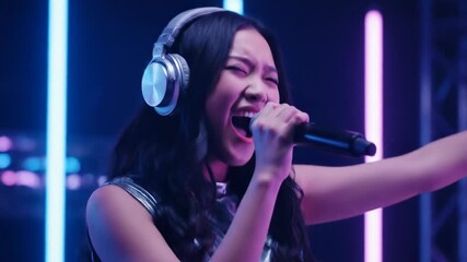 Singing performance with neon lights headphones - Powered by Adobe