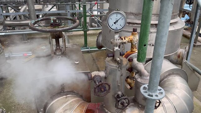 Industrial interior. Close-up of a lot of pipes, pressure gauge and a shut-off valves on the pipes in open air chemical plant. Jets of hot steam from valve. Production of thermal energy and hot water