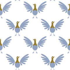 Obraz premium Vector seamless pattern with stylized birds in blue and golden shades. Modern folk art inspired design with symmetry and rhythm. Repeat background for textile, wallpaper, wrapping paper and home decor