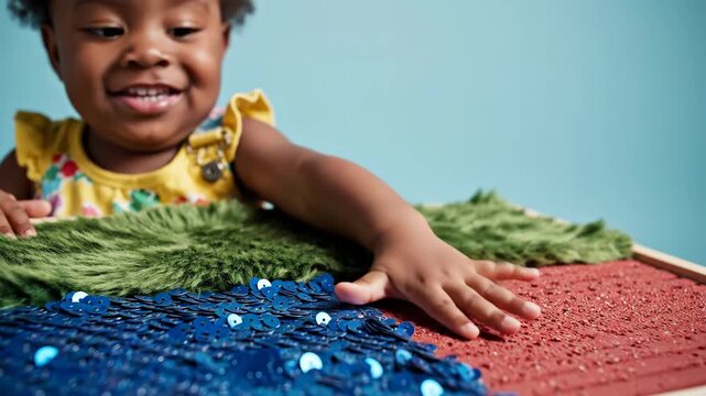 Happy black toddler girl explores sensory board with various textures. Early childhood development and learning through tactile play with copy space