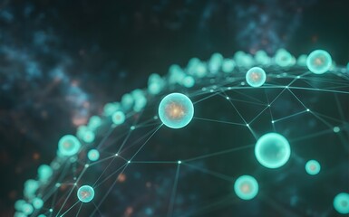 A glowing turquoise-teal network of interconnected nodes floats in deep indigo space, connected by white lines, surrounded by stardust and nebulae.