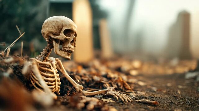 Skeleton resting among fallen leaves in a misty graveyard, showcasing eerie atmosphere