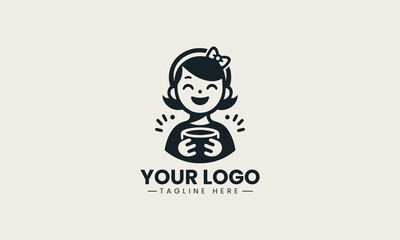 Cheerful black vector logo illustration of a happy cartoon girl holding a steaming cup of coffee creating a friendly cafe symbol