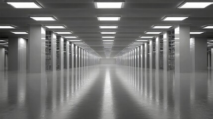 Fototapeta premium Endless metallic corridor with repeating columns and panel lights, glossy floor reflections in the foreground, empty space and side racks fading, concept of futuristic industrial architecture