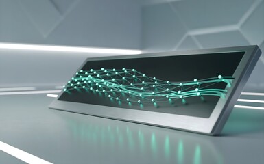 A futuristic control panel with glowing turquoise and emerald nodes dominates a minimalist workspace, reflecting softly under diffused, ambient lighting.