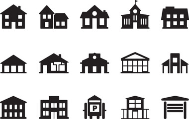Fototapeta premium Black And White Silhouette Icons Featuring Various Styles of Buildings and Architectural Structures Illustration