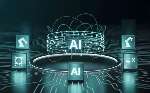 A glowing AI network with interconnected nodes, pulsating blue pathways, orbiting robotic icons, minimalist algorithms, in a futuristic teal ambiance.