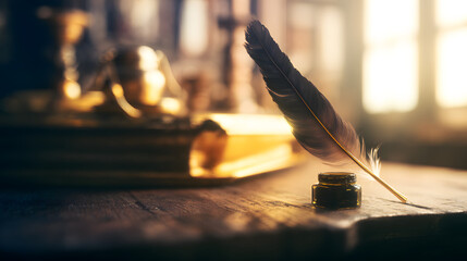 inkwell. A vintage desk featuring a feather quill and inkwell, illuminated by warm side lighting. real-estate listings.
