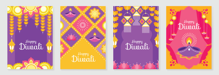 Happy Diwali light festival poster vector set. Diwali festival wallpaper design with colorful lantern, floating lights, firework. Culture Illustration design for celebration, greeting, card, ads. © TWINS DESIGN STUDIO