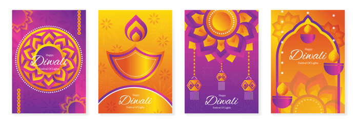 Happy Diwali light festival poster vector set. Diwali festival wallpaper design with colorful lantern, floating lights, firework. Culture Illustration design for celebration, greeting, card, ads.