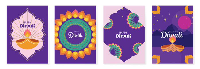 Happy Diwali light festival poster vector set. Diwali festival wallpaper design with colorful lantern, floating lights, firework. Culture Illustration design for celebration, greeting, card, ads.