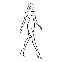 Elegant fashion sketch of a woman in a stylish dress walking