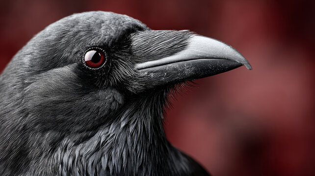 Close-up of a raven with detailed feathers and a red background.