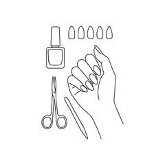 Hand with manicure tools and nail polish bottle line art